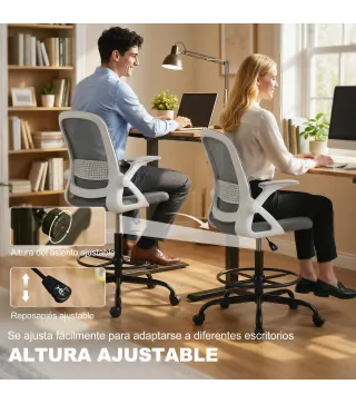 Silla de Escritorio de Malla Silla de Dibujo con Reposabrazos Abatibles Altura Ajustable Reposapiés Gris