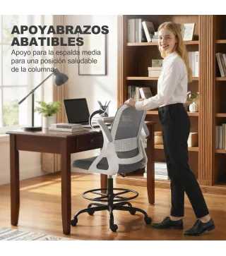 Silla de Escritorio de Malla Silla de Dibujo con Reposabrazos Abatibles Altura Ajustable Reposapiés Gris