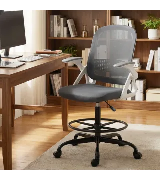 Silla de Escritorio de Malla Silla de Dibujo con Reposabrazos Abatibles Altura Ajustable Reposapiés Gris