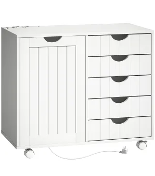 Mueble para Impresora con Estación de Carga y Ruedas 5 Cajones Puertos USB Estante Ajustable Blanco