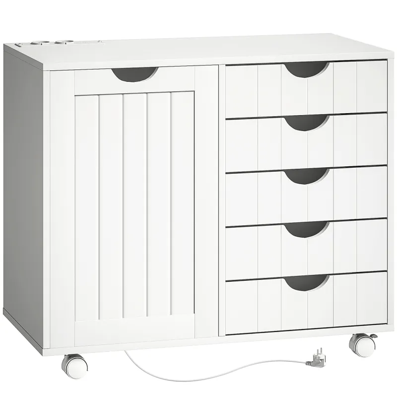 Mueble para Impresora con Estación de Carga y Ruedas 5 Cajones Puertos USB Estante Ajustable Blanco