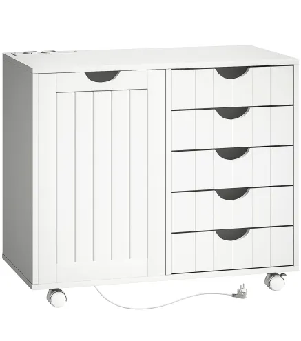 Mueble para Impresora con Estación de Carga y Ruedas 5 Cajones Puertos USB Estante Ajustable Blanco