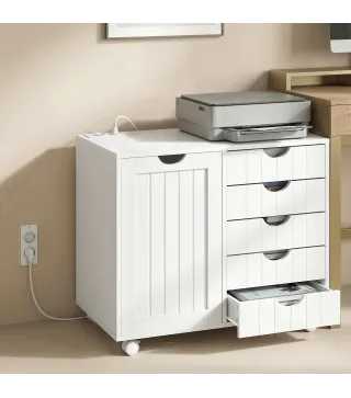 Mueble para Impresora con Estación de Carga y Ruedas 5 Cajones Puertos USB Estante Ajustable Blanco