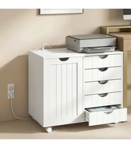 Mueble para Impresora con Estación de Carga y Ruedas 5 Cajones Puertos USB Estante Ajustable Blanco