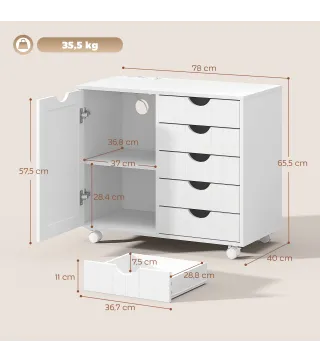 Mueble para Impresora con Estación de Carga y Ruedas 5 Cajones Puertos USB Estante Ajustable Blanco