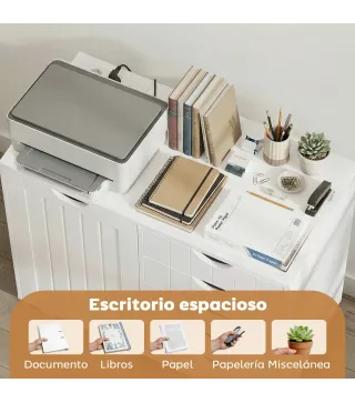 Mueble para Impresora con Estación de Carga y Ruedas 5 Cajones Puertos USB Estante Ajustable Blanco