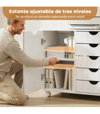 Mueble para Impresora con Estación de Carga y Ruedas 5 Cajones Puertos USB Estante Ajustable Blanco