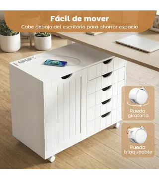Mueble para Impresora con Estación de Carga y Ruedas 5 Cajones Puertos USB Estante Ajustable Blanco