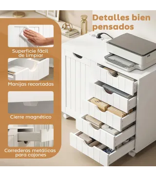 Mueble para Impresora con Estación de Carga y Ruedas 5 Cajones Puertos USB Estante Ajustable Blanco