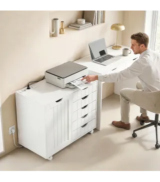 Mueble para Impresora con Estación de Carga y Ruedas 5 Cajones Puertos USB Estante Ajustable Blanco