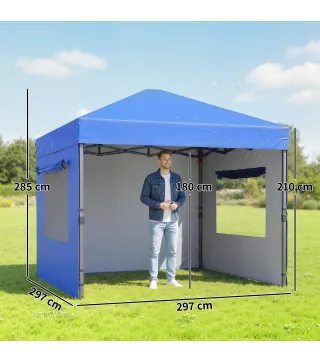 Carpa Plegable Pop-up 3x3 m con 3 Paredes 2 Ventanas Altura Ajustable UPF50+ Bolsa Transporte y Sacos de Arena Azul