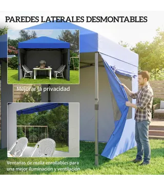 Carpa Plegable Pop-up 3x3 m con 3 Paredes 2 Ventanas Altura Ajustable UPF50+ Bolsa Transporte y Sacos de Arena Azul
