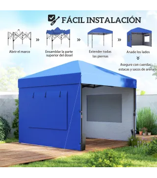 Carpa Plegable Pop-up 3x3 m con 3 Paredes 2 Ventanas Altura Ajustable UPF50+ Bolsa Transporte y Sacos de Arena Azul