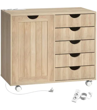 Mueble para Impresora con Estación de Carga y Ruedas 5 Cajones Puertos USB Estante Ajustable Natural