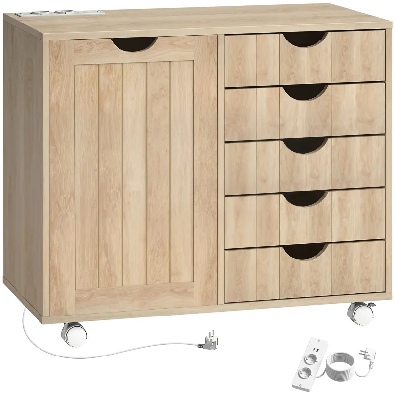 Mueble para Impresora con Estación de Carga y Ruedas 5 Cajones Puertos USB Estante Ajustable Natural