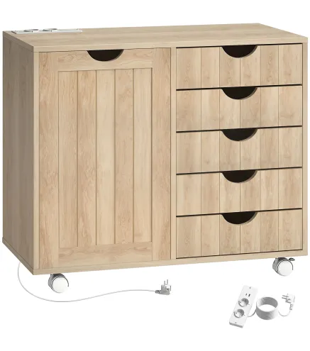 Mueble para Impresora con Estación de Carga y Ruedas 5 Cajones Puertos USB Estante Ajustable Natural