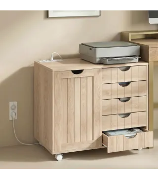 Mueble para Impresora con Estación de Carga y Ruedas 5 Cajones Puertos USB Estante Ajustable Natural