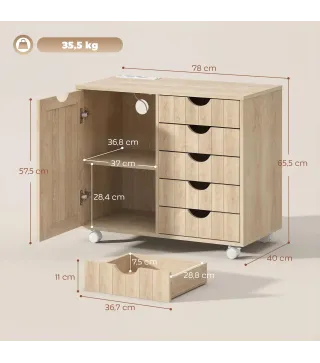 Mueble para Impresora con Estación de Carga y Ruedas 5 Cajones Puertos USB Estante Ajustable Natural