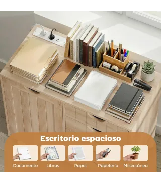 Mueble para Impresora con Estación de Carga y Ruedas 5 Cajones Puertos USB Estante Ajustable Natural