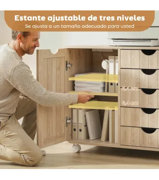 Mueble para Impresora con Estación de Carga y Ruedas 5 Cajones Puertos USB Estante Ajustable Natural