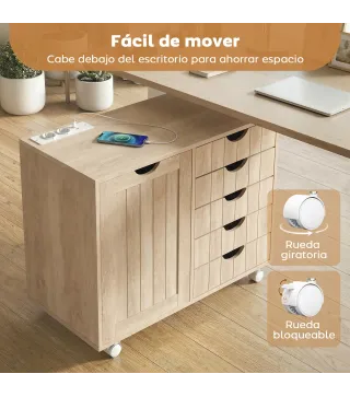 Mueble para Impresora con Estación de Carga y Ruedas 5 Cajones Puertos USB Estante Ajustable Natural