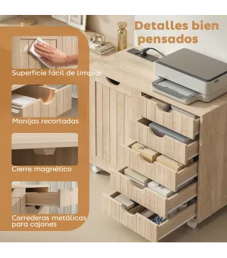 Mueble para Impresora con Estación de Carga y Ruedas 5 Cajones Puertos USB Estante Ajustable Natural