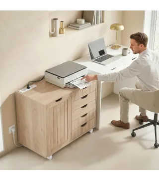 Mueble para Impresora con Estación de Carga y Ruedas 5 Cajones Puertos USB Estante Ajustable Natural