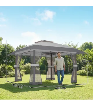Carpa Plegable 4x4 m con Laterales de Malla UPF30+, 400x400x287 cm, Gris