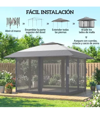 Carpa Plegable 4x4 m con Laterales de Malla UPF30+, 400x400x287 cm, Gris