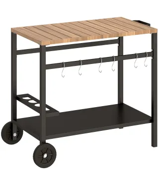 Carrito de Barbacoa de 2 Niveles Mesa Auxiliar para Barbacoa Móvil con Ruedas Portabebidas Ganchos Asa Negro y Marrón