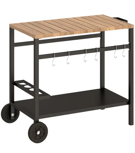 Carrito de Barbacoa de 2 Niveles Mesa Auxiliar para Barbacoa Móvil con Ruedas Portabebidas Ganchos Asa Negro y Marrón