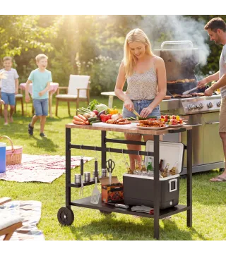 Carrito de Barbacoa de 2 Niveles Mesa Auxiliar para Barbacoa Móvil con Ruedas Portabebidas Ganchos Asa Negro y Marrón