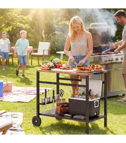 Carrito de Barbacoa de 2 Niveles Mesa Auxiliar para Barbacoa Móvil con Ruedas Portabebidas Ganchos Asa Negro y Marrón