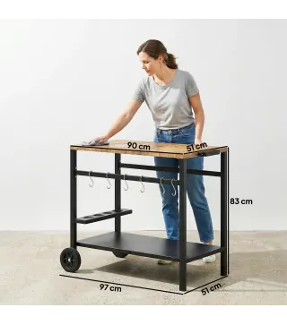 Carrito de Barbacoa de 2 Niveles Mesa Auxiliar para Barbacoa Móvil con Ruedas Portabebidas Ganchos Asa Negro y Marrón