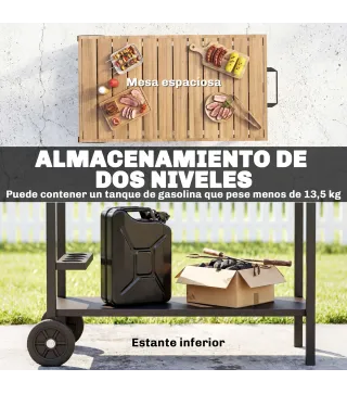 Carrito de Barbacoa de 2 Niveles Mesa Auxiliar para Barbacoa Móvil con Ruedas Portabebidas Ganchos Asa Negro y Marrón
