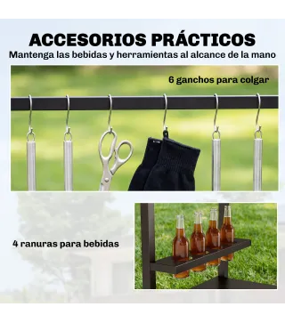 Carrito de Barbacoa de 2 Niveles Mesa Auxiliar para Barbacoa Móvil con Ruedas Portabebidas Ganchos Asa Negro y Marrón