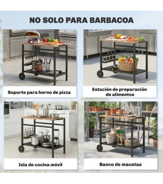 Carrito de Barbacoa de 2 Niveles Mesa Auxiliar para Barbacoa Móvil con Ruedas Portabebidas Ganchos Asa Negro y Marrón