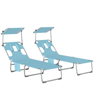 Set de 2 Tumbonas Plegables Reclinables con Dosel 360° Orificio Facial Bolsillo Lateral y Textilene 550 g/m² Azul