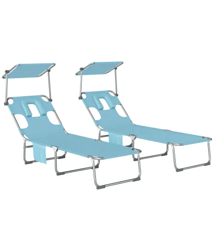 Set de 2 Tumbonas Plegables Reclinables con Dosel 360° Orificio Facial Bolsillo Lateral y Textilene 550 g/m² Azul