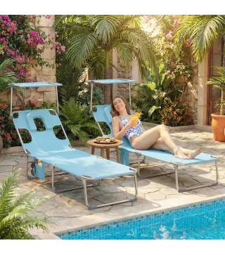 Set de 2 Tumbonas Plegables Reclinables con Dosel 360° Orificio Facial Bolsillo Lateral y Textilene 550 g/m² Azul