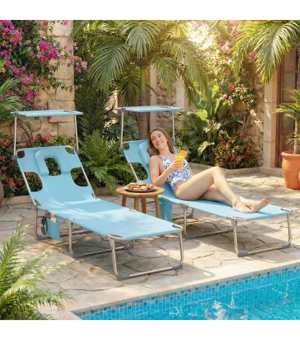 Set de 2 Tumbonas Plegables Reclinables con Dosel 360° Orificio Facial Bolsillo Lateral y Textilene 550 g/m² Azul