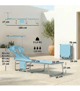 Set de 2 Tumbonas Plegables Reclinables con Dosel 360° Orificio Facial Bolsillo Lateral y Textilene 550 g/m² Azul