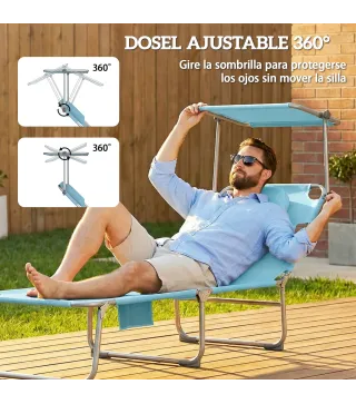 Set de 2 Tumbonas Plegables Reclinables con Dosel 360° Orificio Facial Bolsillo Lateral y Textilene 550 g/m² Azul