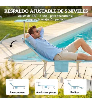 Set de 2 Tumbonas Plegables Reclinables con Dosel 360° Orificio Facial Bolsillo Lateral y Textilene 550 g/m² Azul