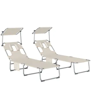 Set de 2 Tumbonas Plegables Reclinables con Dosel 360° Orificio Facial Bolsillo Lateral y Textilene 550 g/m² Beige