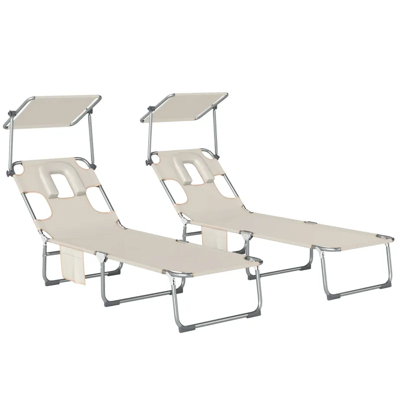 Set de 2 Tumbonas Plegables Reclinables con Dosel 360° Orificio Facial Bolsillo Lateral y Textilene 550 g/m² Beige