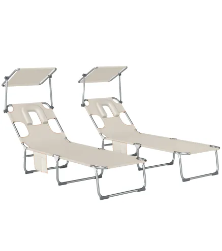Set de 2 Tumbonas Plegables Reclinables con Dosel 360° Orificio Facial Bolsillo Lateral y Textilene 550 g/m² Beige