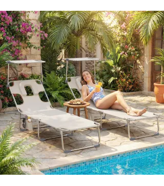 Set de 2 Tumbonas Plegables Reclinables con Dosel 360° Orificio Facial Bolsillo Lateral y Textilene 550 g/m² Beige