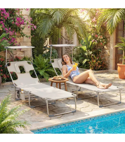 Set de 2 Tumbonas Plegables Reclinables con Dosel 360° Orificio Facial Bolsillo Lateral y Textilene 550 g/m² Beige