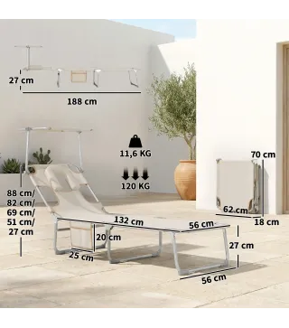 Set de 2 Tumbonas Plegables Reclinables con Dosel 360° Orificio Facial Bolsillo Lateral y Textilene 550 g/m² Beige
